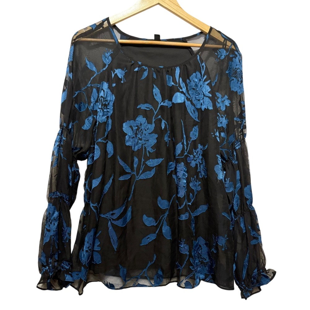 Alfani Floral Burnout Chiffon Sheer Top M Blue‎ Boho Peasant Romantic Cottage